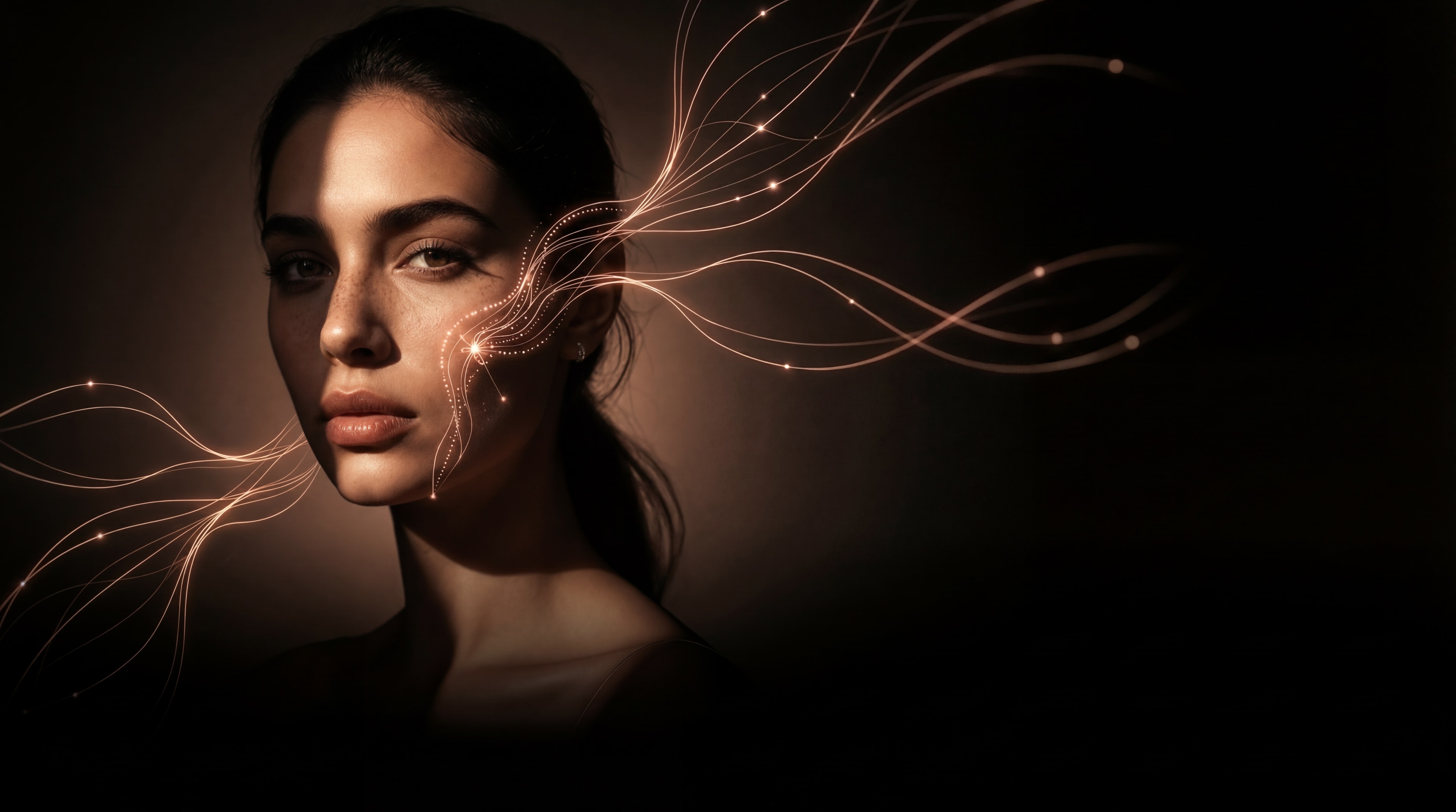 Cinematic portrait of a woman with rose-gold AI trace lines emerging from her cheekbone, dark warm atmosphere, intelligence in her gaze